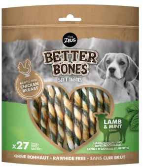 Zeus & Zoë Better Bones Hundekausnack, weiche Kaustangen mit Lamm & Minze, ohne Rohhaut, umwickelt mit Hühnchenfleisch, Soft Snack, für alle Lebensphasen, trägt zur Zahnpflege bei, 12,5 cm, 27 Stück