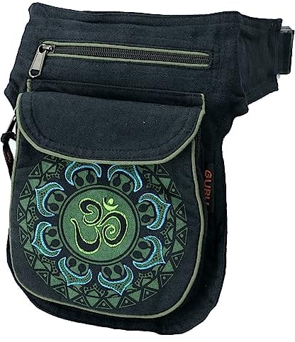 GURU SHOP Stoff Sidebag & Gürteltasche Aum Mandala, Goa Gürteltasche, Bauchtasche - Schwarz/grün, Unisex - Erwachsene, Baumwolle, 25x17x4 cm