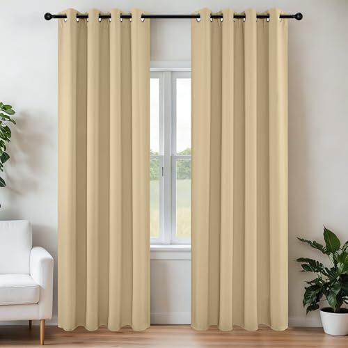 Joydeco Blackout Curtains 90 Inch Length 2 Panels Set, Thermal Insulated Long Curtains& Drapes 2 Burg, Room Darkening Grommet Drapes for Living Room Bedroom Window (W52 x L90 Inch, Beige)