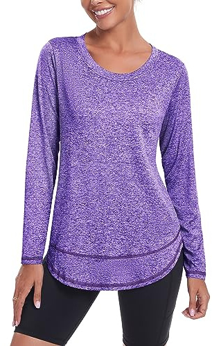 Deaviya Womens Long Sleeve Sports Tops UK, Sport Yoga T-Shirt Workout Running Tops, Crew Neck Quick Dry Golf Activewear Ladies Gym Sports Top