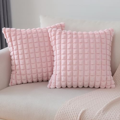 Soleebee Lot de 2 housses de coussin décoratives en velours - Fourrure synthétique douce - Texture plaid - Pour canapé, chambre à coucher - Décoration d'intérieur - 40 x 40 cm - Rose