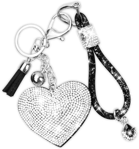 Kristall-Schlüsselanhänger-Set, Strass-Schlüsselanhänger in Herzform mit Quaste, glitzernder Auto-Schlüsselanhänger für Damen, Schlüsselanhänger, Schwarzes Finger-Schlüsselband und