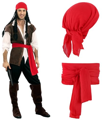 DAMILY Piratenkostüm für Männer und Frauen Piraten Kopftuch Hut Zubehör Piraten Schärpe Gürtel Bandana Taillengürtel (Rot)