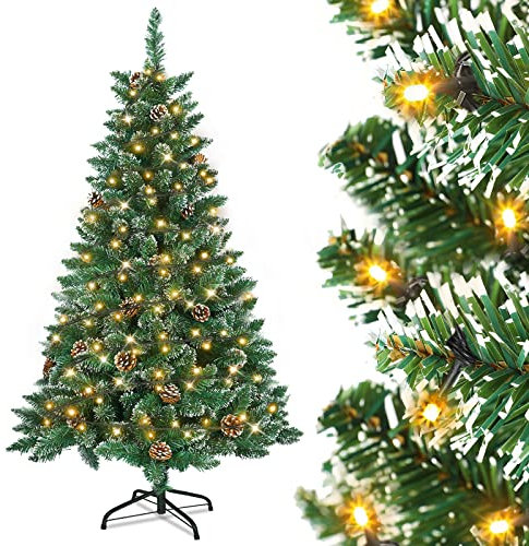 Aufun Künstlicher Weihnachtsbaum Tannenbaum mit Beleuchtung 180 LED warm-weiß inkl. Metallständer 367 Spitzen, PVC Christbaum für Weihnachten-Dekoration (120cm, Schnee-Effekt+Kiefernzapfen+LED)