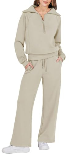 ORANDESIGNE Damen Lässiger Pyjama Trainingsanzug Sweatshirts 2-Teiliges Lounge-Set A Khaki S