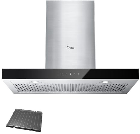 Midea MVT30W9AST - Campana de estufa en forma de T de 30 pulgadas, 450 CFM con filtros permanentes de aluminio de 5 capas, convertibles sin conductos, ventilador de escape de 3 velocidades, acero