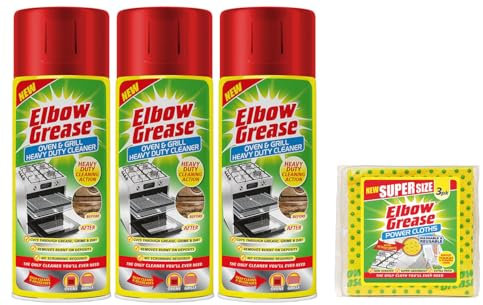 3X Elbow Grease Oven & Grill Heavy Duty Cleaner Spray (3X 400 ML)- Powerful Oven & Grill Deep Cleaner - with 1 Pack Elbow Grease Power Cloth