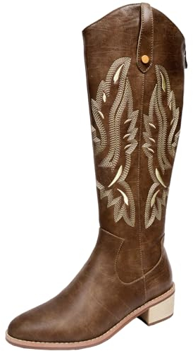 StyliShoes Stivali alti da donna con tacco grosso in pelle cowboy stivali alti retrò occidentali, marrone, 34 EU