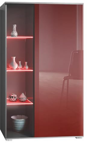 Vladon Vitrine Davos, Made in Germany, Standvitrine mit 3 Glasböden und 8 Fächer inkl. LED, Anthrazit matt/Bordeaux Hochglanz (71,5 x 134 x 35 cm)