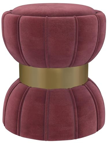 Coaster Home Furnishings - Sora - Fabric - Upholstered Round Ottoman with Vertical Ribbing, Gold Accent Band and Hourglass Silhouette for Seating - Living Room - 18-Inch - Berry - 910290