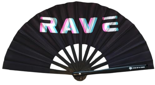 Generisch Fächer Rave - XXL Handfächer- Hand fan – Das Must-Have Accessoire für Rave Techno und Festivals: Fächer Stabil Bambus Holz Schwarz Faltbar und Groß