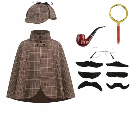 HAPNBCELE 6PCS Detective Costume Cape for Kids, Private Inspector Outfit Set with Hat Halloween Christmas 100 Days of School (Brown, 19.68Inch/50cm)
