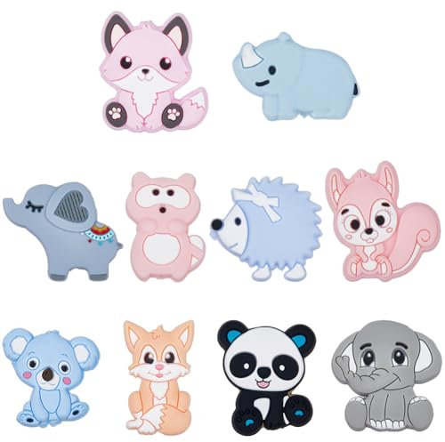 SUNNYCLUE 1 boîte de 10 perles en Silicone pour Animaux Perles Focales en Vrac Bleu Rose Caoutchouc Souple Éléphant Koala Panda Renard Raton Laveur Perles D'Espacement en Vrac pour la Fabrication de B