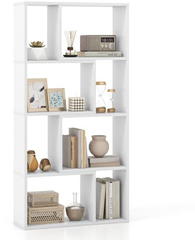 GIANTEX Bücherregal mit 8 Fächern, Raumteiler Regal 60 x 20 x 120 cm, Standregal Holz mit 2 Kippschutzvorrichtungen, Würfelregal für Wohnzimmer & Kinderzimmer (Weiß)
