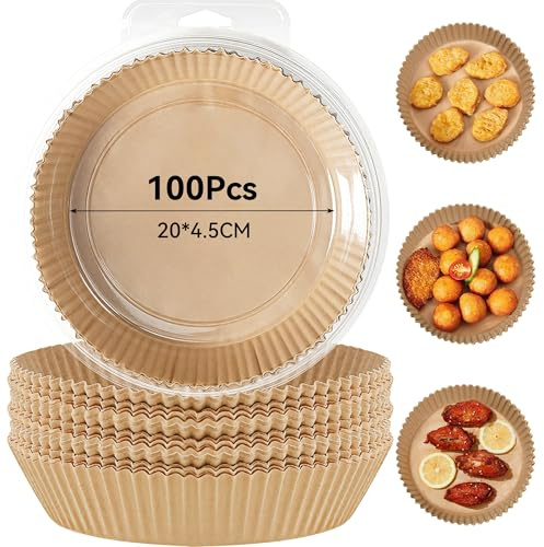 100 Pezzi Carta da Forno Friggitrice ad Aria 20x20 cm, Carta da Forno per Friggitrice ad Aria Fogli Pretagliati, Cottura Senza Olio, Per Forno e Microonde