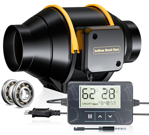 QiCrafe Rohrventilator 100mm, Rohrlüfter mit Timer Temperatur - und Feuchtigkeitsregler Leiser 367m³/h, Kupfermotor Überhitzungsschutz, Doppelkugellager, Lüfter mit EU-Stecker, 3m VDE-Netzkabel
