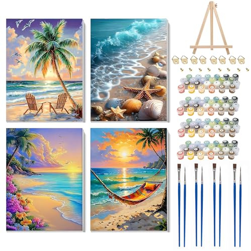 Hongyrjy 4 Pack Framed Paint by Numbers with Wooden Easel-Seaside Scenery Paint by Numbers for Adults,Landscape Paint by Numbers Adults Canvas for Gifts and Home Wall Decor 8x12inch
