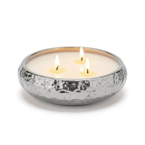 Aeolian 3 Wick Vanilla Scented Candle in Hammered Champagne Bowl (14cm) - Luxurious Soy Wax Table Centrepiece, Perfect Home Decoration Gift, Elegant Interiors by Rowen Homes (Silver)
