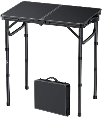 Funykich Campingbord fällbord 58 x 40 cm, vikbart picknickbord med 3 höjdjusterbart (26/48/67 cm), aluminium, bärbart vikbord, MDF-plattor, multifunktionsbord för picknick camping balkong (svart)