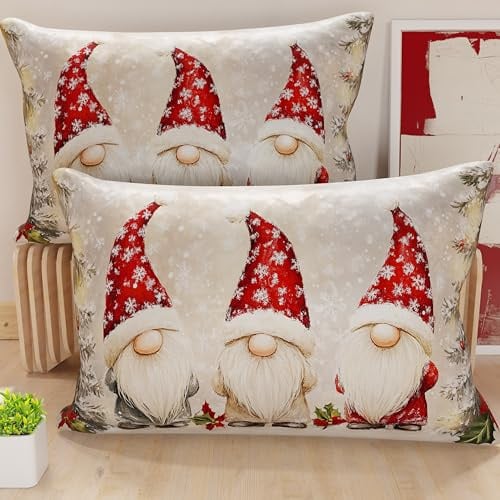 PETTI Artigiani Italiani - Coppia di Federe Cuscino 50x80 cm in Microfibra, Federe Natalizie, Cuscini Arredo di Natale Camera da Letto, Divano, Salotto, Set 2 Fodere Copricuscino, Federa Gnomo 03