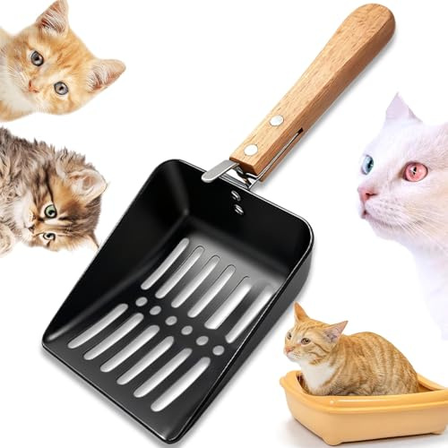 Wubushan Paletta per Lettiera Gatto, Paletta Lettiera Gatto Metallo con Manico in Legno, Distanza dei Fori 6 mm, Adatto alla Maggior Parte dei Tipi di Lettiera per Gatti