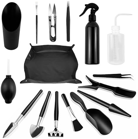 Bonsai Werkzeug Set, 16-teilig Bonsai Pflege Werkzeug Bonsai Werkzeugset mit wasserdichte Umtopfmatte, Mini Gartengeräte Gartenwerkzeug Set für Gartenarbeit, Umtopfen, Sukkulenten, Pflanzenpflege