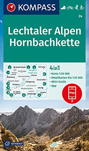 KOMPASS Wanderkarte 24 Lechtaler Alpen, Hornbachkette 1:50.000: 4in1 Wanderkarte mit Aktiv Guide und Detailkarten inklusive Karte zur offline ... Fahrradfahren. Skitouren. Langlaufen.
