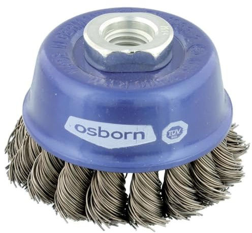 Osborn Topfbürste für Winkelschleifer 180 mm, Durchmesser 100 mm, Gewinde M 14 x 2, gezopfter Stahldraht 0,50 mm mit Stützring TÜV geprüft, blau, 2608154