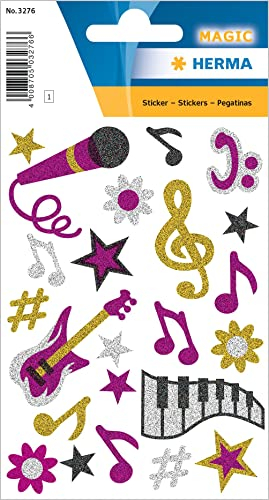 HERMA 3276 Aufkleber Musik Glitzer, 22 Stück, Musiknoten Sticker mit Mikrofon Gitarre Notenschlüssel Blumen Sterne Motiv, Kinder Etiketten für Fotoalbum Tagebuch Poesiealbum Scrapbooking Geburtstag