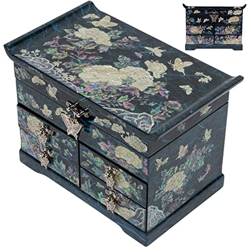 February Mountain Mother of Pearl Wooden Jewelry Organizer Box – Jewelry Storage Box for Women, Features Spacious Drawers, Ideal for Rings, Bracelets, Watches, Chains, Accessories (Peony_Blue)