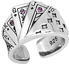 Edary Pokerkarte Ringe Vintage Chunky Statement Ring Silber bündig Bandring offen verstellbar Ring Schmuck für Damen und Herren