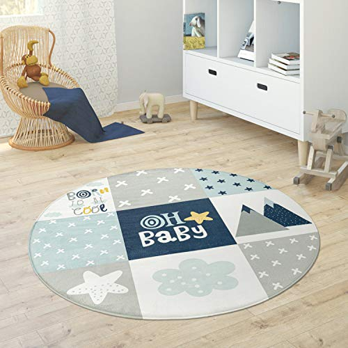 Paco Home Kinderteppich Teppich Rund Kinderzimmer Spielmatte Babymatte rutschfest Stern Mond Elefant Regenbogen, Grösse:Ø 150 cm Rund, Farbe:Blau
