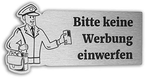 Jung-Edelstahl-Design Briefkastenschild Motiv Postbote Bitte keine Werbung einwerfen oder Bitte keine kostenlosen Zeitungen einwerfen aus V2a Edelstahl. Türschild 9x4,5 cm