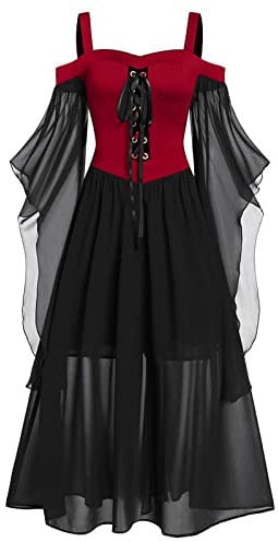 AMhomely Halloween Medieval Costume Women Butterfly Sleeve Maxi Cold Shoulder Steampunk Corset Dress - Gothic Clothes