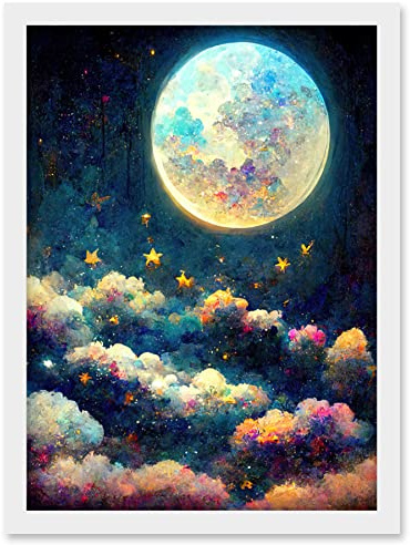Doppelganger33 LTD Dreamy Night Sky Moon Stars Colourful Clouds Kids Cute Artwork Framed Wall Art Print A4