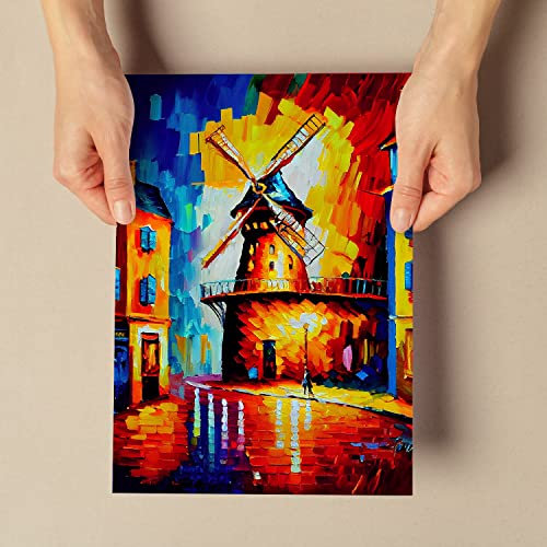 Nacnic Poster Moulin Rouge im Ölgemälde Stil. Illustrationen von Denkmälern und Städten im fotografischen Vollfarbstil. Innenarchitektur und Dekoration. A4.