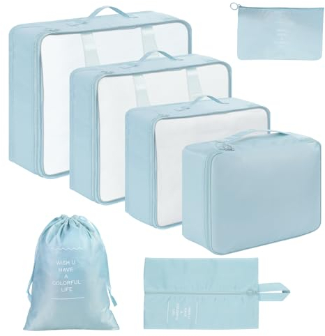 Romon Organisateur Valise Lot de 7 ImperméAble Organisateur De Voyage Packing Cubes Organiseur, Rangement Valise Sac de Toilette, Sac Vetement, Sac à Chaussures Bleu