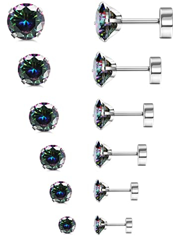 Morfetto 6 Paar G23 Titan Flache Rückseite Ohrstecker für Frauen Männer Titan Runde CZ AB Knorpel Ohrstecker Hypoallergene Schraube Zurück Ohr Piercing Set 20G 2-8MM AB