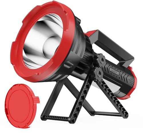 BUYSIGHT Rechargeable Spotlight Flashlight, 1000,000 lumens 600 Yards Range IP65 Waterproof Spot Lights Handheld Large searchlight with red Lens Side Flood Light Light USB C Recharge (Crimson Plus)