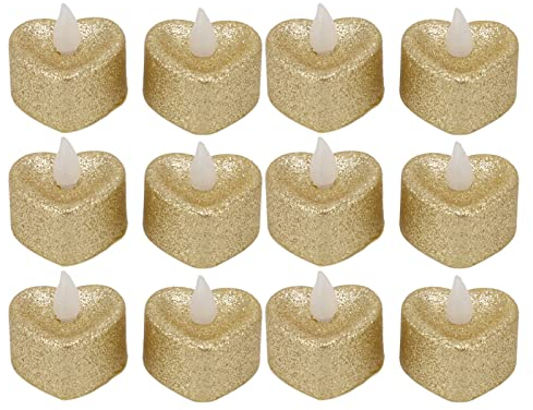 Lot de 12 Bougies Chauffe-plat LED à Paillettes en Forme de Cœur pour Mariage, Bougies Votives sans Flamme à Paillettes Dorées, Bougies Chauffe-plat LED à Paillettes, Bougies à Piles, sans Flamme pour