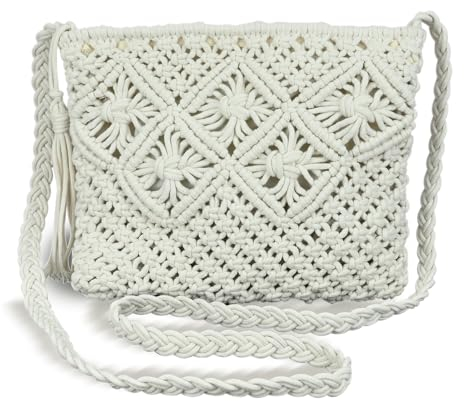 Women's White Crossbody Bag - Retro Hand Knitted Crochet Bag with Raffia Tassel Straw Shoulder Style, Boho Holiday Beach & Casual Envelope Clutch, Mobile Phone & Wallet Holder