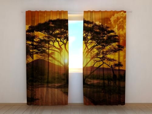 Wellmira Fotogardine: Sonnenuntergang in Afrika, Vorhang mit Fotodruck, Gardine mit Bildmotiv, Maßanfertigung, Material (Durchscheinend (Gabardine))