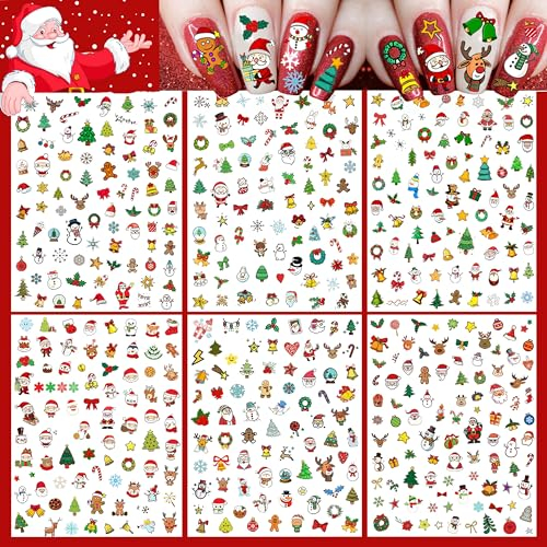 COKTAK 6 Blatt Weihnachten Nagelsticker Selbstklebend Weihnachtsmann Nail Art Sticker, Nagelaufkleber Santa Claus Elchhirsch Schneemann Muster, Nagel Sticker Weihnachten Party Zubehör Nägel Aufkleber