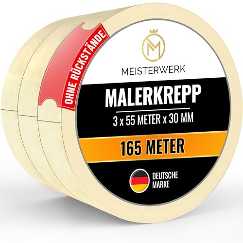MEISTERWERK Malerkrepp für Malerarbeiten - (OHNE RÜCKSTÄNDE) - 165 Meter Kreppband (30mm Breite) - Rutschfestes Abklebeband für sauberes Renovieren, Streichen & Lackieren