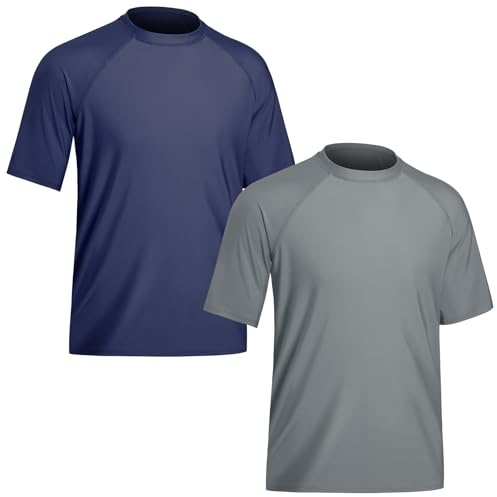 TIZAX 2 Pièces T Shirt Anti UV pour Homme Maillot de Bain à Manche Courte UPF 50+ Rashguard Hauts Tee Shirt de Sport Séchage Rapide Bleu Marine+Gris 3XL