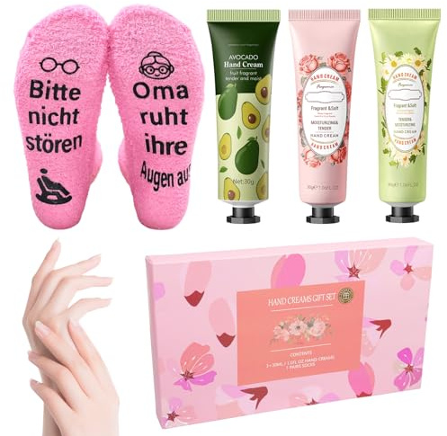Geschenk für Oma Geburtstag, Lustige Socken mit Spruch Bitte nicht stören oma ruht ihre Augen aus, mit 3 Weihnachten Handcreme, für Frauen Geburtstagsgeschenk Weihnachten Muttertagsgeschenk (B)