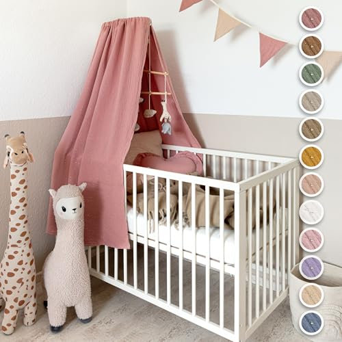 lilimaus Betthimmel Babybett mit Gold Applikation in 12 Farben [inkl. Himmelstange] - Himmel Babybett aus 100% Baumwolle Musselin für Mädchen & Jungen - Himmelbett mit Stange - Kinder Babyzimmer Deko