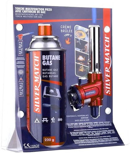 SILVER MATCH Chalumeau à Gaz + Cartouche de Butane 220G, Torche Piezo Multifonction, 1300°, Allumage Rapide et Sécurisé avec Cartouche de Gaz Butane, Idéal Brasage, Cuisine, Bricolage, 40673550