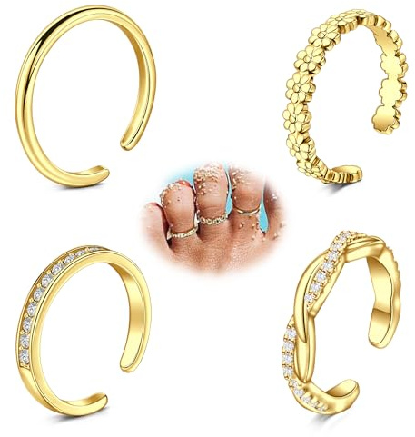 AVYRING 4 stycken tåringar för kvinnor, justerbara öppna fotsmycken, tunn ring, CZ & tusensköna, rostfritt stål och 14K guldpläterad (silver/guld), strand bröllop vardag