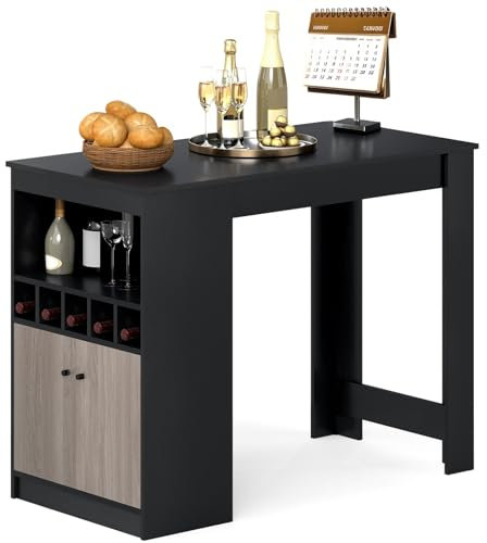 LIFEZEAL Table de bar, meuble bar, moderne, avec 2 portes, 5 porte-bouteilles, espace de rangement classé, table à manger, petit déjeuner, comptoir, péninsule cuisine, bois, 120 x 60 x 91,5 cm, noir